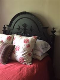 queen bed newly refinished  silk top of bed duvet