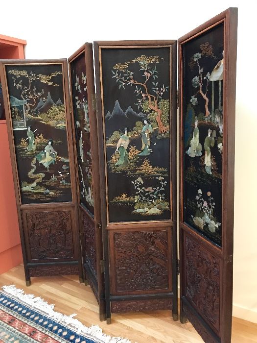 Stunning Asian Lacquered and Carved Rosewood Four Panel Room Screen Inset with Jade and Hardstone, backside elegantly hand painted. 