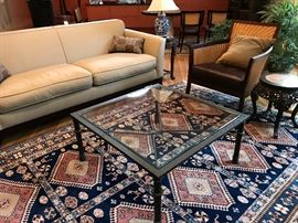 Crate and Barrel upholstered sofa, glass top cocktail table; RUG NOT FOR SALE