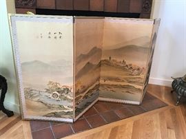 Vintage Japanese Byobu Hand Painted 4 Panel Screen