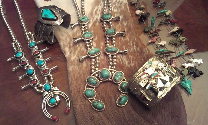 Sterling Navajo Turquoise Squash Blossom necklaces, Cuffs & Zuni, plus Fetish double strand necklace. Another Squash B necklace will be loaded later.