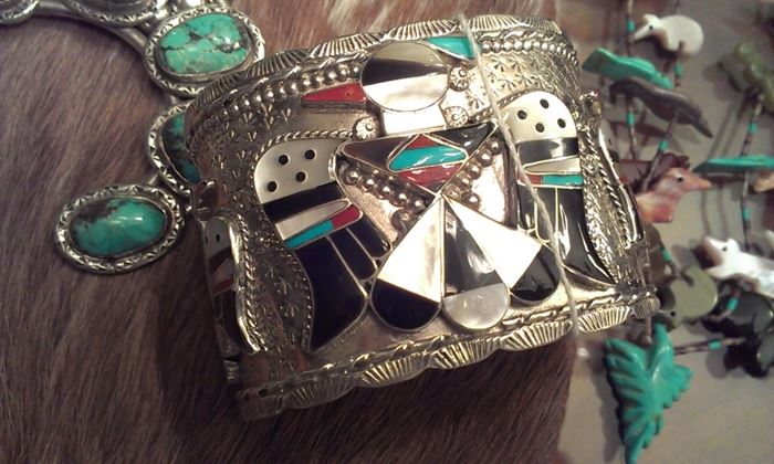 Zuni signed turquoise, coral & MOP very wide cuff