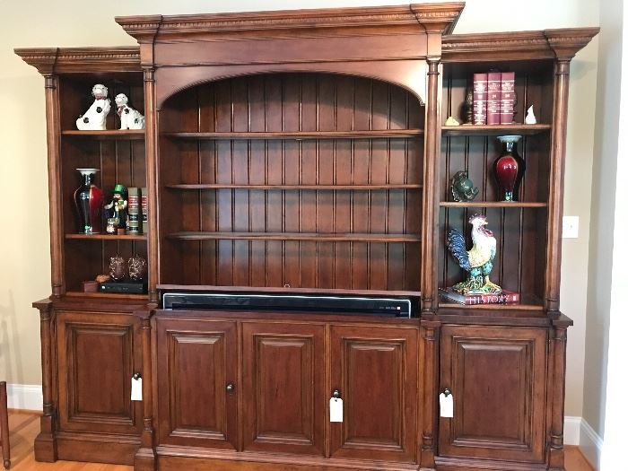 Bookshelves/TV unit with retractable lift, almost 9 ft wide, 92" tall, 24" deep