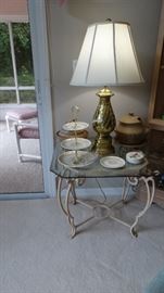 WROUGHT IRON & GLASS LAMP TABLE, PAIR OF PINEAPPLE BRASS LAMPS, POTTERY
