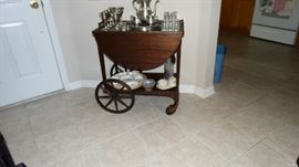 MAHOGANY MID CENTURY TEA CART/CADDY. PEWTER SERVICEWARE. 