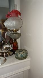 19TH CENTURY CRANBERRY & SATIN RUFFLED GLOBE & HAND PAINTED BASE. WATERBURY MFG.