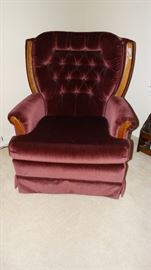 BURGUNDY TUFTED BACK VELVETEEN ROCKER UPHOLSTERED CHAIR.