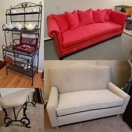 Sofa, bakers rack, couch, and bench