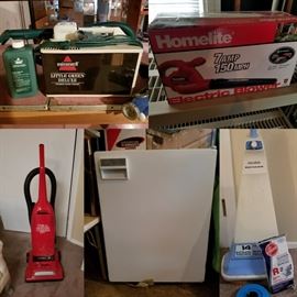 Mini fridge, vacuum, rug shampooer and leaf blower 