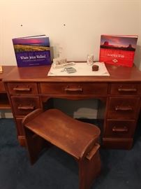 Desk and stool matches nightstand, Chest of drawers and bed