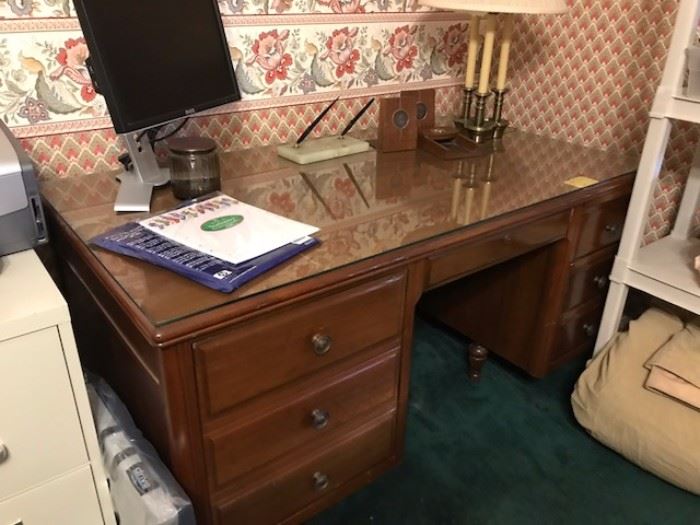 Vintage Double pedestal desk and one of two monitors 
