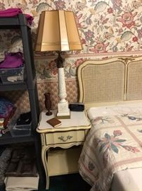 French Provincial Bedroom set - TWO chest of drawers, Three nightstands, and KING headboard.   Also shown is one of two vintage lamps