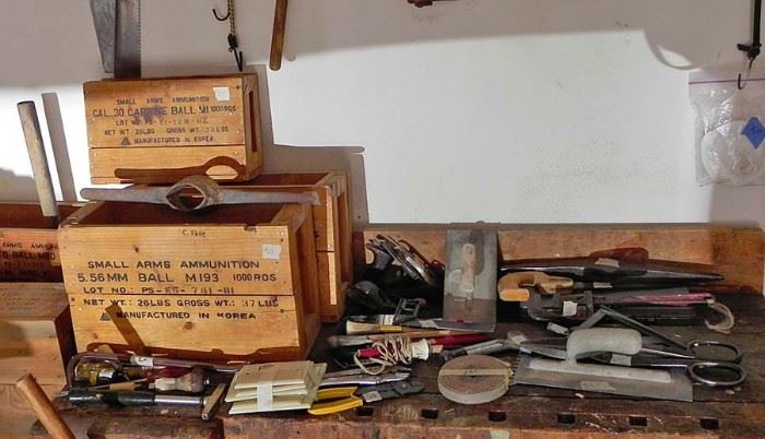 Vintage ammunition boxes and crates plus misc tools