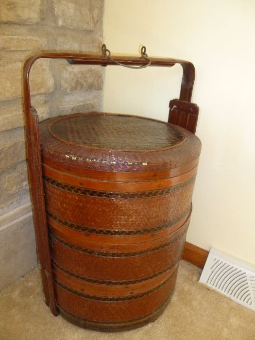 ANTIQUE ASIAN RATTAN WEDDING BASKET WITH 3 STACKING COMPARTMENTS AND A LID