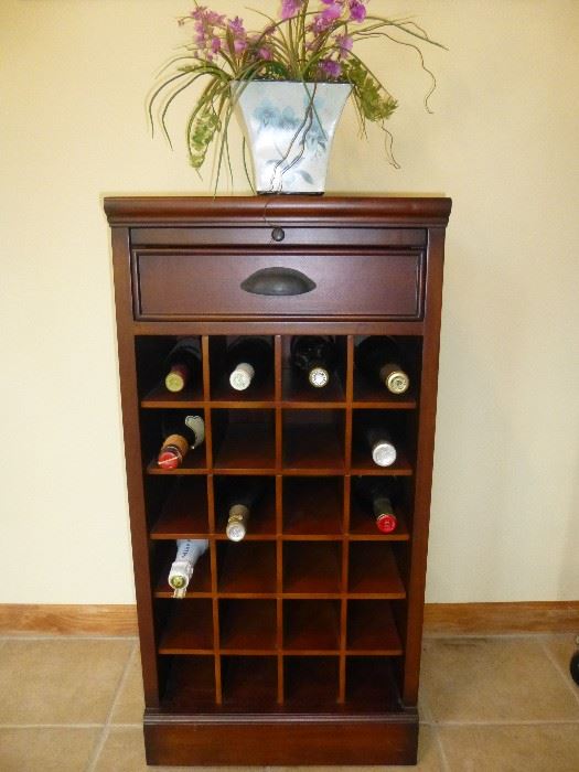 24 COMPARTMENT WOODEN WINE STORAGE WITH A DRAWER AND PULL OUT TRAY