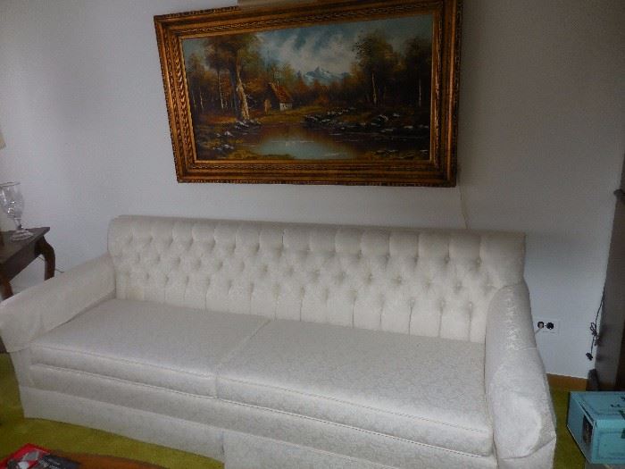 Custom Made Tufted White Silk Brocade Sofa