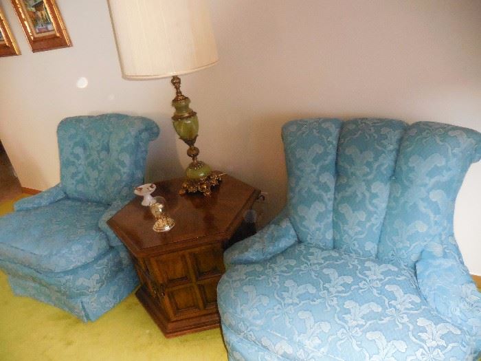 Vintage Blue Silk Brocade/Lace Custom Made Relaxed Arm Chair (pair). Vintage Octagon Occasional Table with Storage