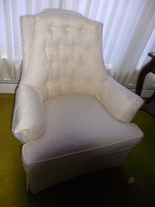 Custom Made Tufted Back White Silk Brocade Arm Chair