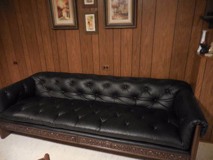 MOD Black Vinyl Tufted Sofa, Hand Carved Design