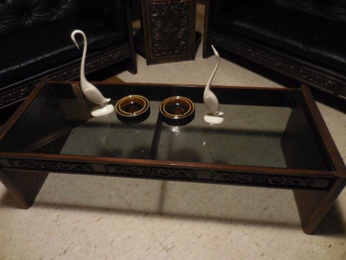 MOD Smoky Glass Cocktail TabLE. MCM Cranes SOLD. Ashtrays sold