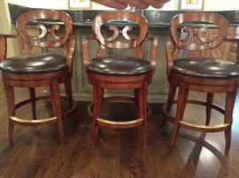 Set/3 Heavy wood/leather barstools, by Woodbridge Furniture Co.