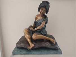Bronze girl, mounted on green marble base, signed A. Moreau