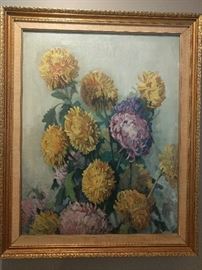 Vintage, original oil painting of mums, the national choice of funeral directors; measures 2' 2" x 2' 9".