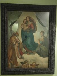 Thoughtful angels contemplating life, or pervert midgets, trying to look up Mary's dress? YOU decide! Religious art, in cool frame; measures 3' x 3' 10".