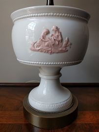 One of a pair of Wedgwood design lamps, by the Crest Co., Chicago, has original shades, globes and finials.