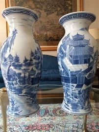 Pair of 18" tall Maitland-Smith blue/white porcelain vases.