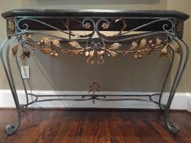 Maitland-Smith gilt & wrought iron, marble-topped table.