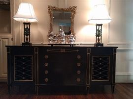 Lovely, vintage Drexel black/gold Italian chest, with wire door screens and brass drawer pulls. 
