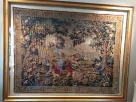 This is a gorgeous, vintage French tapestry in a huge frame; measures 6' L x 4' 8" T.                                      
Next pic has a detailed close-up.