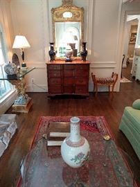 Vintage (1960's) cherry 4-drawer chest, by Kling Furn. Co. (Mayville, NY) one of a pair of Biedermeier-ish stools, vintage LaBarge brass/beveled glass coffee table, vintage Persian Karacheh gallery runner, measures 4.3 x 9.10.