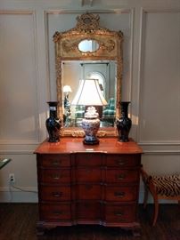 Over the top gold mirror, with beveled glass, by John Richard; measures 4' 10" x 2' 8". Vintage cherry 4-drawer chest, by Kling Furn. Co., pair of 18" tall Asian cloisonne vases.