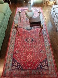Vintage brass/glass coffee table, by LaBarge, attributed to P. E. Guerin; measures 38" x 17" height. Another view of the vintage Persian Karacheh gallery runner.