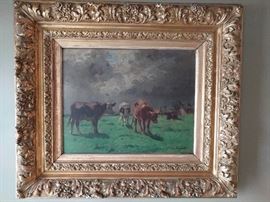 Antique (1890's), artist signed "Pazant" oil painting, in hand carved gold frame.