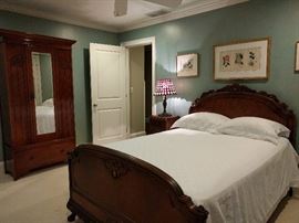 1930's Art Nouveau wooden armoire, with beveled mirror, Berkey & Gay bed/(one) nightstand, 1930's Art Nouveau wooden armoire, with beveled mirror, vintage stained glass table lamp.