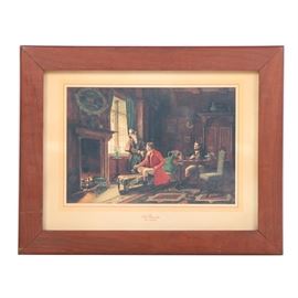 Reproduction Print After William Verplanck Birney's "Old Friends": A talio-chrome reproduction print after an earlier painting by William Verplanck Birney (American, 1858-1909). Titled Old Friends, this depicts three early 19th century men, relaxing before a fire within an English country hunting box. It is titled and attributed below in red typeface. This work is presented under glass in a wooden frame that is wired for hanging.
