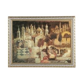 Peter Nixon Limited Edition Giclee on Canvas "Arcadia": A limited edition giclee with varnished embellishments on canvas titled Arcadia by Peter Nixon. The work depicts the portraits of four queens overlapping a large castle in the background. The work is signed, titled and numbered 68 out of a 120 edition to the lower margin. Presented without glass, housed in a gilt frame with off-white laurel leaf accents.