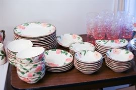 Service for 12 - plates, saucers, cups, small bowls.  4 salad plates, 11 bowls, 8 bread and butter plates, 3 serving bowls, 1 divided serving bowls, 1 small compote, 1 platter, sugar and creamer, salt and pepper shakers