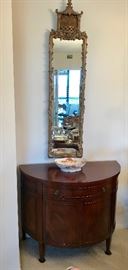 Pair of demi-loon cabinets and pair of ornate period mirrors