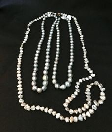 Single Stand Grey Freshwater Pearls and Two 14K Grey Pearl Necklaces