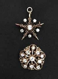 Old Euro Cut Center 1/3K Diamond Pendant  and 1.25 Total Weight Diamond Brooch (pair)                                         