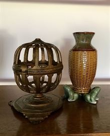  Brass Twine Holder and Frog Vase