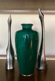 Sterling Cloisonné Vase and Signed Bookends