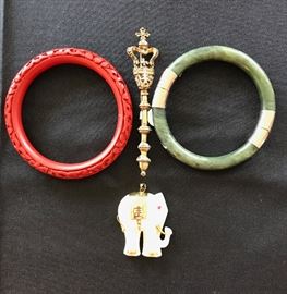 Carved Cinnabar Bracelet with Jade Bracelet