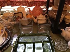Green Indiana glass trays (2) and lots of teapots in various sizes