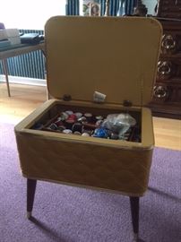Mid Century Modern Used as sewing basket. Sewing items such as thread,sewing needles, have been bagged and will be sold as just the cabinet $30