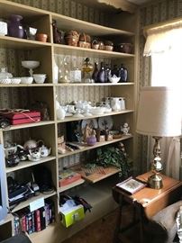 Collection of milk glass; bottles (contemporary), baskets (some old pictured and more in house); games; Nice maple side table with drop leaves (one of two).  Brass lamp.